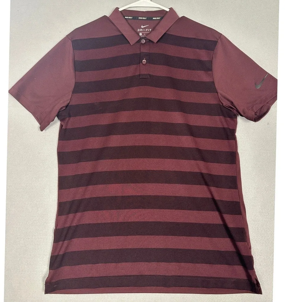Nike Golf Polo Shirt Mens Medium Burgundy Dri-Fit Striped Athletic Rugby Swoosh